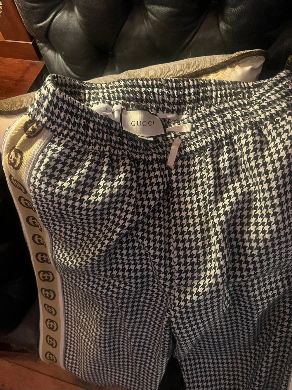 Gucci Black & White Houndstooth Joggers with Logo Side Stripe